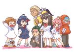  4girls backpack bag black_hair blonde_hair blue_eyes blue_hair brown_hair gamagoori_ira glasses green_eyes green_hair guts_(kill_la_kill) hood hoodie inumuta_houka jacket jakuzure_nonon kill_la_kill kiryuuin_satsuki long_hair mankanshoku_mako matoi_ryuuko multiple_boys multiple_girls pink_eyes pink_hair ribbon sanageyama_uzu school_uniform smile sword tatsumi weapon younger 