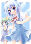  arms_behind_back ascot blue_dress blue_eyes blue_hair blush bow cirno daiyousei dress fairy_wings green_hair hair_bow hair_ribbon hakobako ice ice_wings looking_at_viewer multiple_girls open_mouth ribbon short_sleeves side_ponytail smile touhou wings 