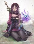  arm_support black_sclera boots breasts brown_hair bug butterfly chikokuma cleavage elder_scroll insect large_breasts lips long_hair red_eyes serana skirt solo the_elder_scrolls the_elder_scrolls_v:_skyrim 