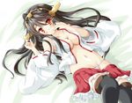  bare_shoulders black_hair blush breasts cleavage detached_sleeves hairband haruna_(kantai_collection) highres hiiragi_tomoka japanese_clothes kantai_collection long_hair medium_breasts navel panties smile solo thighhighs underwear undressing white_panties 