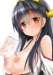  bare_shoulders black_hair breasts detached_sleeves drink hairband haruna_(kantai_collection) japanese_clothes kantai_collection large_breasts long_hair looking_at_viewer nipples smile solo takeyuu 