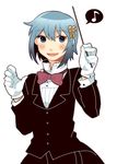  bad_id bad_pixiv_id baton_(instrument) blue_eyes blue_hair bow bowtie conductor crossdressing gloves hair_ornament hairclip ilhi mahou_shoujo_madoka_magica miki_sayaka musical_note simple_background solo tuxedo white_background 