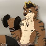  2018 anthro athletic biceps black_hair blue_eyes boxer_briefs brown_fur canine clothed clothing crotch_tuft digital_media_(artwork) dog dumbbell ear_piercing exercise facial_piercing fur hair hi_res hybrid jewelry kyo_(kiasano) looking_at_viewer magatama male mammal mustelid navel necklace nipple_piercing nipples otter pache_riggs piercing simple_background sitting smile smirk solo topless underwear weightlifting weights workout 