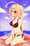  ahoge beach bikini blazblue blonde_hair day lambda-11 long_hair red_eyes solo swimsuit yuya_(oshidori) 
