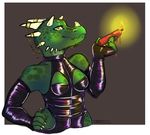  candle domination female green_scales horn iko jewelry kobold looking_at_viewer purple_latex reptile rubber scalie simple_background smile solo wax yellow_eyes 