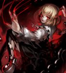  black_dress blonde_hair blood bloody_clothes bloody_hands darkness dress fang hair_ribbon highres long_sleeves looking_at_viewer open_mouth outstretched_arms red_eyes red_footwear ribbon rumia shirt shoes smile solo spark621 swipe thighhighs torn_clothes torn_legwear torn_shirt torn_sleeves touhou 