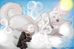  acethebigbadwolf akita anthro canine cloud color curled_tail dog eyes_closed feral fur hindpaw lens_flare male mammal mblade necklace outside pawpads paws sky sleeping smile steam sun watermark white_fur 