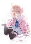  ahoge bad_id bad_pixiv_id cardigan domotolain glasses jewelry kuriyama_mirai kyoukai_no_kanata pantyhose red-framed_eyewear ring school_uniform serafuku short_hair solo yellow_eyes 