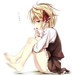  bare_legs barefoot blonde_hair blood blood_on_fingers catchphrase finger_licking finger_to_mouth full_body gorilla_(bun0615) hair_ribbon highres is_that_so leg_hug licking long_sleeves looking_at_viewer open_mouth petite red_eyes ribbon rumia shirt simple_background sitting skirt skirt_set solo tongue tongue_out touhou vest white_background 