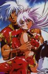  1boy 1girl 80s bare_shoulders couple dark_skin legend_of_lemnear lemnear long_hair mesch_(legend_of_lemnear) mesh_(legend_of_lemnear) navel official_art oldschool shiny silver_hair smile urushihara_satoshi very_long_hair 