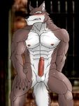  abs anthro balls biceps big_muscles big_penis black_nose blush brown_fur canine claws clothing cum cum_string erection eyes_closed fangs fur hentist hideo_katashi humanoid_penis leaking male mammal muscles nipples nude open_mouth pecs penis pose precum presenting sheath solo standing teeth toned vein white_fur wolf 