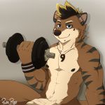  2018 anthro athletic biceps black_hair blue_eyes brown_fur canine crotch_tuft digital_media_(artwork) dog dumbbell ear_piercing exercise facial_piercing fur hair hi_res humanoid_penis hybrid jewelry kyo_(kiasano) looking_at_viewer magatama male mammal mustelid navel necklace nipple_piercing nipples nude otter pache_riggs penis piercing simple_background sitting smile smirk solo vein veiny_penis weightlifting weights workout 