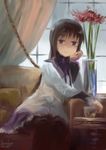  akemi_homura arm_support black_hair couch cup curtains flower hairband highres kanokoga long_hair magical_girl mahou_shoujo_madoka_magica pantyhose pillow purple_eyes solo vase window 