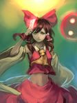  ascot bow brown_eyes brown_hair detached_sleeves glowing glowing_weapon hair_bow hair_tubes hakurei_reimu inishie_kumo looking_at_viewer midriff navel ribbon shirt skirt skirt_set solo spell_card touhou weapon wide_sleeves wrist_ribbon 