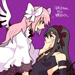  akemi_homura akuma_homura armband bad_id bad_pixiv_id bare_shoulders black_hair bow covering_mouth hair_bow hair_ribbon ilhi kaname_madoka long_hair lowres mahou_shoujo_madoka_magica mahou_shoujo_madoka_magica_movie multiple_girls pink_hair ribbon spoilers two_side_up ultimate_madoka wings yuri 