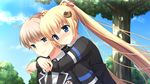  asasaka_meguri blonde_hair blush clouds game_cg hulotte ikegami_akane imouto_no_okage_de_mote_sugite_yabai long_hair seifuku short_hair sky tree twintails 