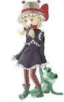  bad_id bad_pixiv_id blonde_hair boots frills frog gothic_lolita green_footwear hat lolita_fashion moriya_suwako ribbon short_hair shuga_(soranote) solo striped striped_legwear stuffed_animal stuffed_frog stuffed_toy thighhighs touhou yellow_eyes 