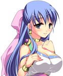 bad_id bad_pixiv_id blue_eyes blue_hair bow breasts dragon_quest dragon_quest_v earrings flora hair_bow half_updo jewelry large_breasts long_hair ookami_ryousuke pink_bow smile solo 