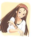  :d blush breasts cleavage collarbone hairband head_tilt idolmaster idolmaster_(classic) idolmaster_1 long_hair long_sleeves looking_at_viewer minase_iori open_mouth pink_hairband shiny shiny_skin shirt simple_background sleeves_pushed_up small_breasts smile solo straight_hair upper_body very_long_hair white_shirt willwind30 yellow_background 