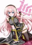  aqua_eyes breasts hairband hand_on_hip kneeling large_breasts leaning_forward long_hair md5_mismatch megurine_luka nakahira_guy pink_hair shiny shiny_clothes smile solo thighhighs very_long_hair vocaloid 