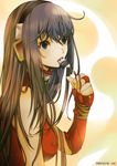  akishima_kei bridal_gauntlets copyright_request headphones long_hair mouth_hold solo 