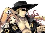  1girl belt black_gloves black_hat blonde_hair brown_eyes buckle closed_mouth collarbone fingerless_gloves frown gloves guilty_gear hand_on_another's_shoulder hat johnny_sfondi long_hair may_(guilty_gear) muscle open_clothes orange_hair orange_hat pirate satomi simple_background skull_and_crossbones sunglasses text_focus upper_body white_background 