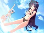  animal_ears bikini black_hair blue_eyes blue_hair blush breast_hold breasts cat_ears covering day embarrassed flat_chest frills glasses hecate highres long_hair lowleg lowleg_bikini magic multiple_girls natsumiya_yuzu open_mouth purple_eyes shakugan_no_shana shana short_hair side-tie_bikini swimsuit tail tankini undressing water 