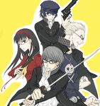  2girls amagi_yukiko androgynous cocked_hammer glasses gogono_pan'ya gun handgun multiple_boys multiple_girls narukami_yuu persona persona_4 reverse_trap revolver school_uniform shirogane_naoto sword tatsumi_kanji weapon yasogami_school_uniform 