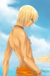 2008 angry aqua_eyes artist_name beach blonde_hair blue_sky cloud cloudy_sky day dripping from_side jewelry looking_at_viewer looking_to_the_side male_focus naruto naruto_(series) naruto_shippuuden necklace ninja ocean orin outdoors shirtless sky solo toned toned_male uzumaki_naruto wading wet wet_clothes wet_hair whisker_markings 