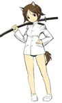  animal_ears commentary cosplay full_body hand_on_hip highres kaneda_akihiro miyafuji_yoshika older open_mouth over_shoulder simple_background solo standing strike_witches sword weapon weapon_over_shoulder white_background world_witches_series 