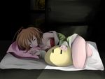  antenna_hair bra breasts brown_hair clannad cleavage dango_daikazoku furukawa_nagisa lingerie medium_breasts mr_chwadee pajamas short_hair sleeping solo underwear 