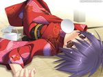  blue_hair blush brown_eyes drunk japanese_clothes kimono lying mouth_hold ninozen non-web_source on_back on_floor original pitcher saucer short_hair solo tabi upside-down 