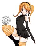  ball brown_eyes elbow_gloves gloves kazaana multicolored multicolored_clothes multicolored_legwear orange_hair original playing_sports soccer soccer_ball solo sport striped striped_legwear thighhighs twintails white_soccer_ball 