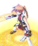  bad_id bad_pixiv_id brown_hair cross_mirage dual_wielding gun holding lyrical_nanoha magic_circle mahou_shoujo_lyrical_nanoha_strikers octagram solo star_of_lakshmi teana_lanster thighhighs twintails weapon yellow_background yone 