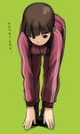  bent_over braid brown_hair copyright_request full_body hands highres short_hair solo sportswear stretch tachibana_roku track_suit translated twin_braids 