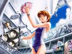  :d armpits brown_eyes brown_hair cleaning cloud day flat_chest game_cg kisaragi_yuumi mecha min-naraken one-piece_swimsuit open_mouth outdoors school_swimsuit see_in_ao short_hair sky smile soap solo sponge standing swimsuit towel towel_around_neck washing watch wet wristwatch 