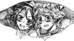  :o blush gap graphite_(medium) greyscale hat looking_at_viewer maribel_hearn monochrome multiple_girls popoin ribbon touhou traditional_media usami_renko 