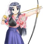  aiming archery arrow asakura_ryouko blue_eyes blue_hair bow bow_(weapon) drawing_bow fujita_(speedlimit) gloves hakama holding holding_arrow holding_bow_(weapon) holding_weapon japanese_clothes kyuudou long_hair muneate outstretched_arm partly_fingerless_gloves purple_hakama simple_background single_glove solo suzumiya_haruhi_no_yuuutsu weapon white_background yugake 