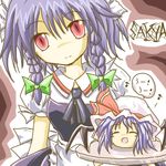  bad_id bad_pixiv_id bat_wings blue_hair braid hair_ribbon hat izayoi_sakuya lowres maid plate red_eyes remilia_scarlet ribbon solo tilde_(ice_cube) touhou twin_braids wings yukkuri_shiteitte_ne 