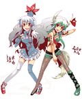  asana blue_hair caved dual_persona ex-keine fishnet_pantyhose fishnets green_hair horn_ribbon horns kamishirasawa_keine long_hair microphone middle_finger multiple_girls pantyhose red_eyes ribbon thighhighs touhou 