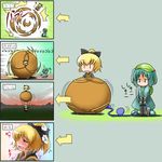  &gt;_&lt; 4koma [] balloon bicycle_pump blonde_hair blush blush_stickers bow bucket chibi closed_eyes comic explosion face floating green_hair hair_bow hat highres hose in_bucket in_container inflation kawashiro_nitori kisume kurodani_yamame mountain multiple_girls orgasm pump rolling touhou translated two_side_up |_| 