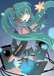  aqua_hair computer hatsune_miku hayashi_tsugumi laptop long_hair solo speaker thighhighs twintails vocaloid 