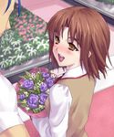  1girl blush bouquet brown_eyes brown_hair fate/stay_night fate_(series) flower lancer mitsuzuri_ayako short_hair zen 