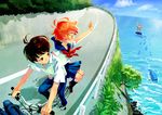  2boys ahoge arm_around_waist bicycle bicycle_basket black_legwear blouse blue_pants blue_skirt brown_hair bush day fish from_above fujimoto_(ponyo) gake_no_ue_no_ponyo ground_vehicle guard_rail horizon kaekae kneehighs looking_at_another looking_back md5_mismatch multiple_boys multiple_riders neckerchief ocean older orange_hair outdoors outstretched_arm pants pillion plant pleated_skirt ponyo red_hair riding road rock school_briefcase school_uniform serafuku shirt short_hair short_sleeves sidesaddle skirt sky sousuke_(ponyo) street waves waving white_blouse white_shirt 