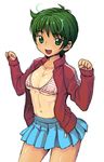  :d arms_up bikini_top blush breasts copyright_request cowboy_shot double_vertical_stripe green_eyes green_hair happy jacket looking_at_viewer medium_breasts no_shirt one-piece_tan open_clothes open_jacket open_mouth pleated_skirt shiny shiny_skin shirt short_hair simple_background skirt smile solo striped striped_swimsuit swimsuit tan tanline toned track_jacket underboob wamusato_haru white_background 