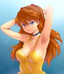  angry armpits arms_up bare_shoulders blue_eyes breasts choker cleavage collarbone dress frown gradient gradient_background hairu large_breasts lips long_hair neon_genesis_evangelion no_bra orange_hair solo souryuu_asuka_langley spaghetti_strap yellow_dress 