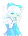  23_(candy_chapus) ;o bangs blue_dress blue_eyes blush bow cirno clenched_hand collared_shirt cowboy_shot crying dress flat_chest frills hair_bow ice ice_wings neck_ribbon one_eye_closed open_mouth puffy_sleeves ribbon shirt short_hair short_sleeves snowflakes solo tears touhou translation_request white_background white_hair wince wings wiping_tears 