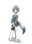  animal_ears bell bell_collar chainsaw character_request choker collar copyright_request detached_sleeves dog_ears dog_tail glasses green_eyes green_hair satomi smile solo tail thighhighs white_legwear 