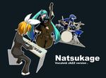  2girls double_bass drum drum_set gyari_(imagesdawn) hatsune_miku highres instrument kagamine_rin kaito keyboard_(instrument) multiple_girls no_eyes sunglasses synthesizer twintails vocaloid 