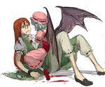  bad_id bad_pixiv_id bat_wings blood blue_hair girl_on_top green_eyes hat hong_meiling kobuushi long_hair multiple_girls pants red_hair remilia_scarlet short_hair sketch straddling touhou vampire wings 